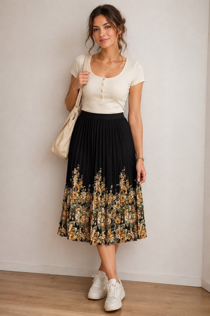 June & Hudson Black Floral Pleated Midi Skirt Women’s Size M Fully Lined